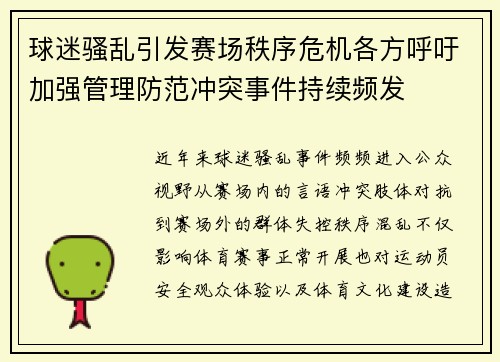 球迷骚乱引发赛场秩序危机各方呼吁加强管理防范冲突事件持续频发