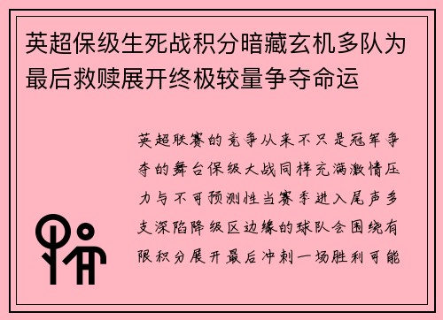 英超保级生死战积分暗藏玄机多队为最后救赎展开终极较量争夺命运 英超保级生死战积分暗藏玄机多队为最后救赎展开终极较量争夺命运